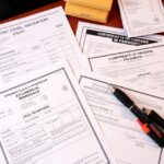 Customs documents on a desk, including commercial invoice, certificate of origin, and permits, arranged neatly, realistic professional photography style