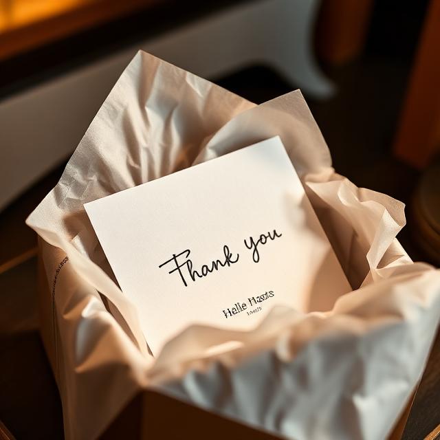 A high-end e-commerce box wrapped in branded tissue paper, containing a beautifully handwritten thank-you note with the customer’s name. Elegant, soft lighting, luxurious and warm visual style.