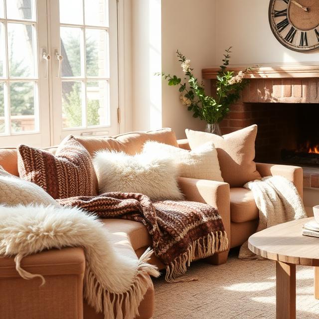 A cozy living room featuring plush cushions, soft throws, and stylish blankets in neutral tones, bright natural lighting.