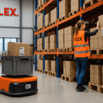 FLEX. automated fulfillment warehouse in Europe with a worker in an orange vest labeled FLEX. and autonomous robots transporting boxes on the floor.