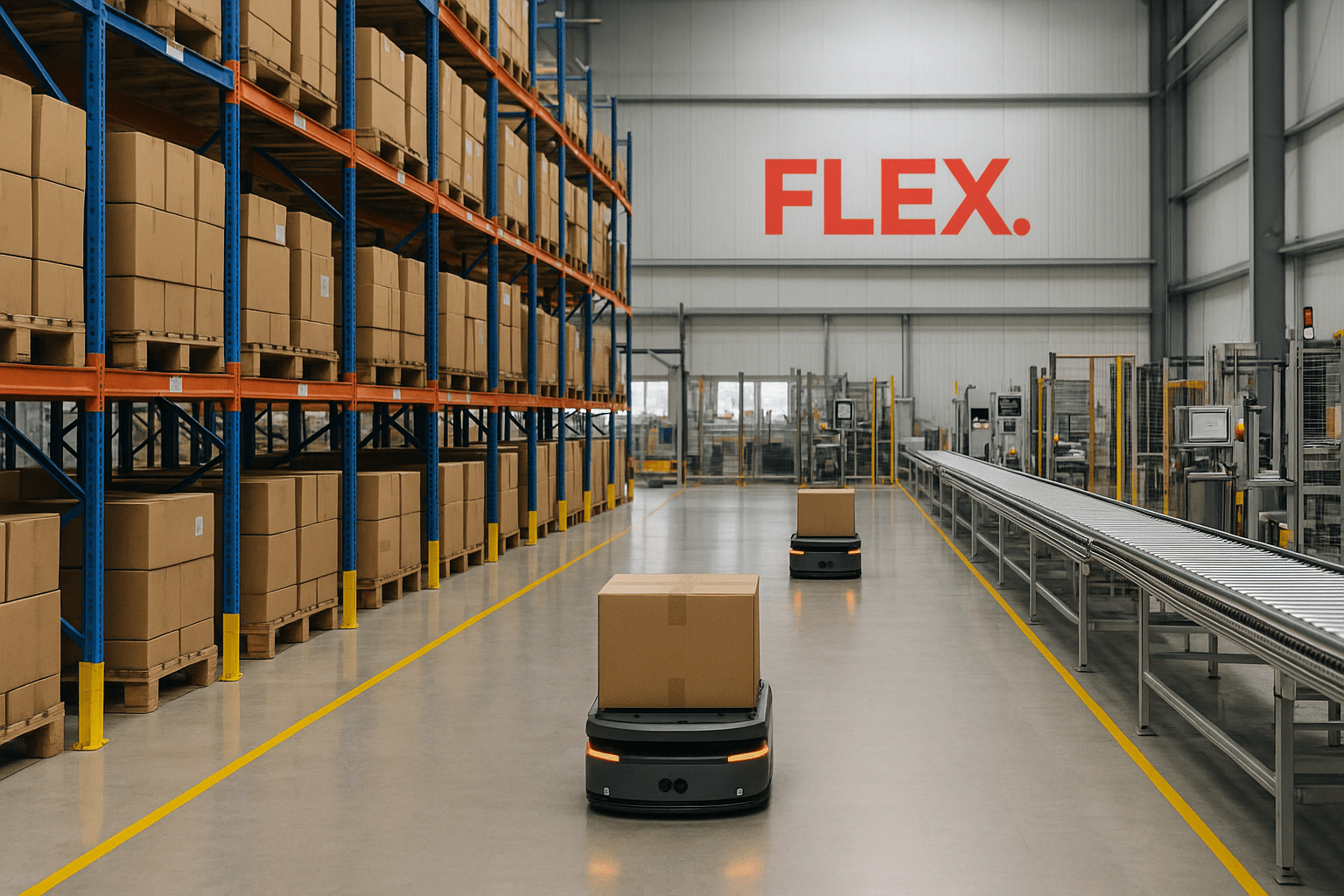 Exterior view of a modern European fulfillment warehouse with a large red FLEX. logo on the wall, automated loading docks, and delivery trucks parked outside.