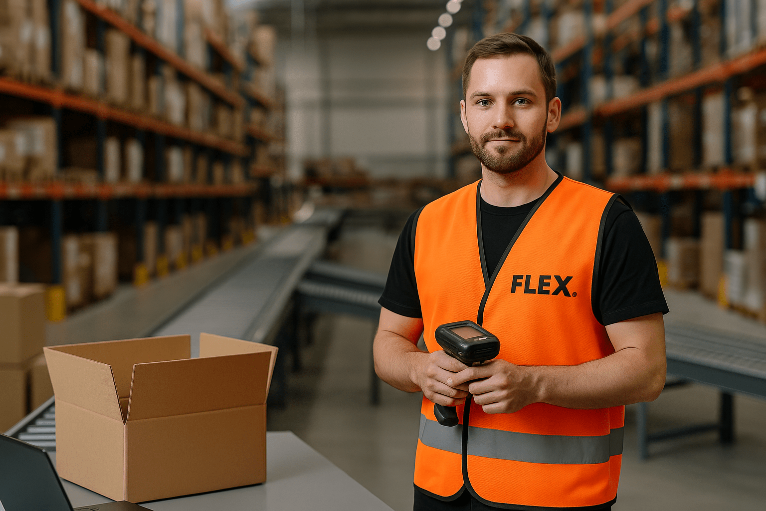 Warehouse worker wearing an orange safety vest with a black FLEX. logo stands in a modern fulfillment center, holding a barcode scanner in front of tall shelving racks filled with boxes.