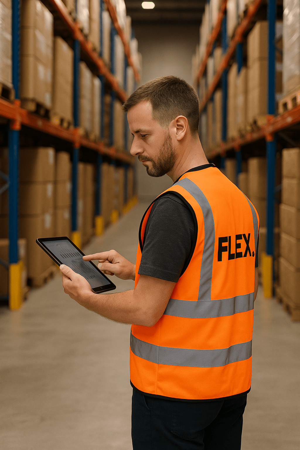 Warehouse worker wearing an orange FLEX. safety vest uses a tablet to monitor inventory inside a large European fulfillment center, surrounded by tall racks of neatly stacked boxes.