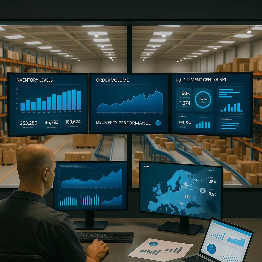 A logistics manager in a modern fulfillment center monitors multiple computer screens displaying real-time data dashboards, with warehouse shelves visible in the background.