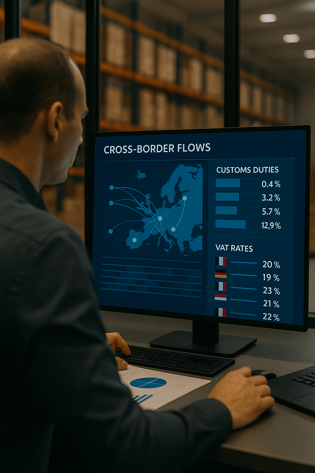 Logistics manager reviewing European cross-border fulfillment data with VAT zones and customs duty analytics on digital dashboards.