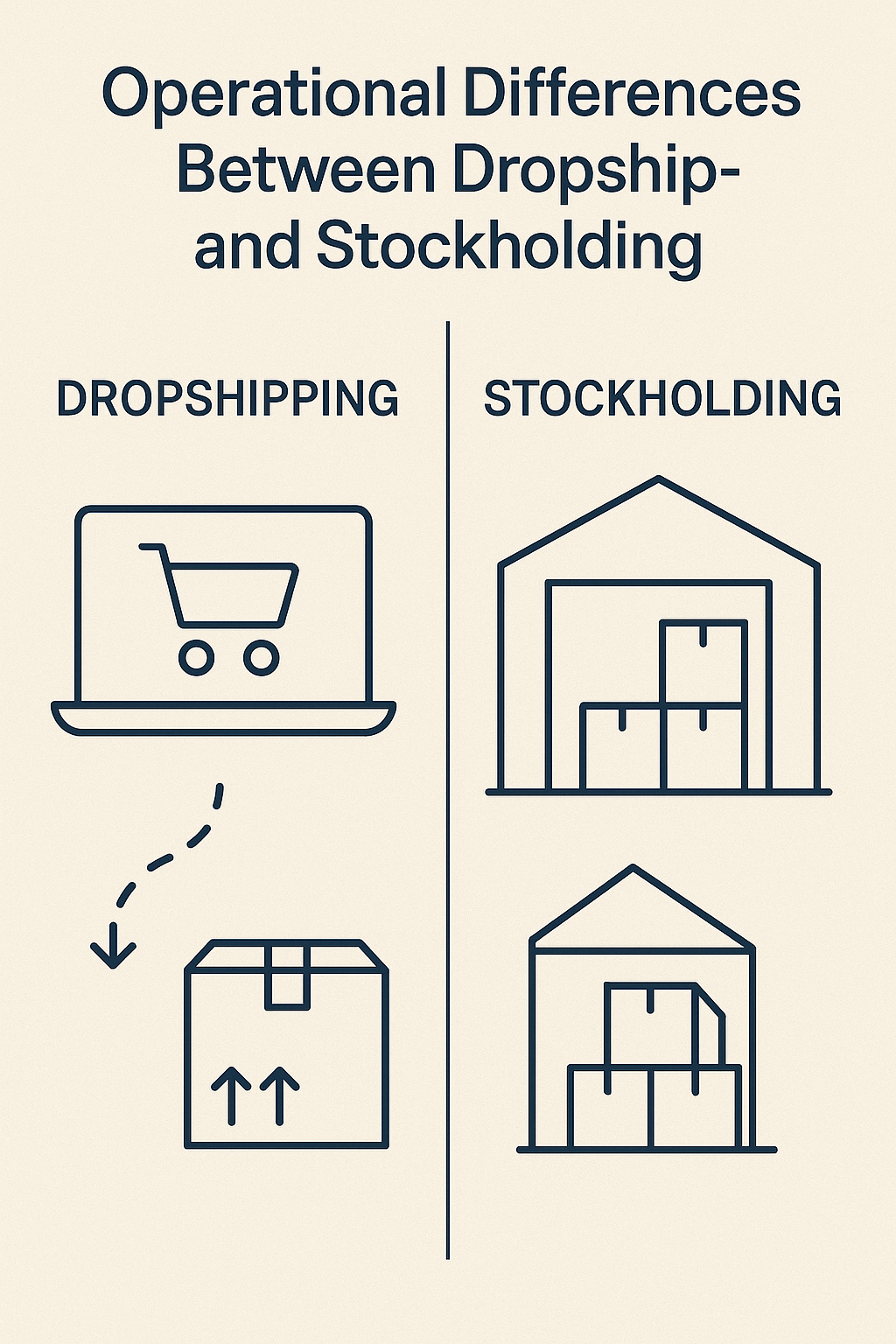 infographic comparing dropshipping vs stockholding operations, featuring line-art icons of online orders, shipping boxes and warehouse storage, highlighting key e-commerce logistics differences for European fulfillment strategy
