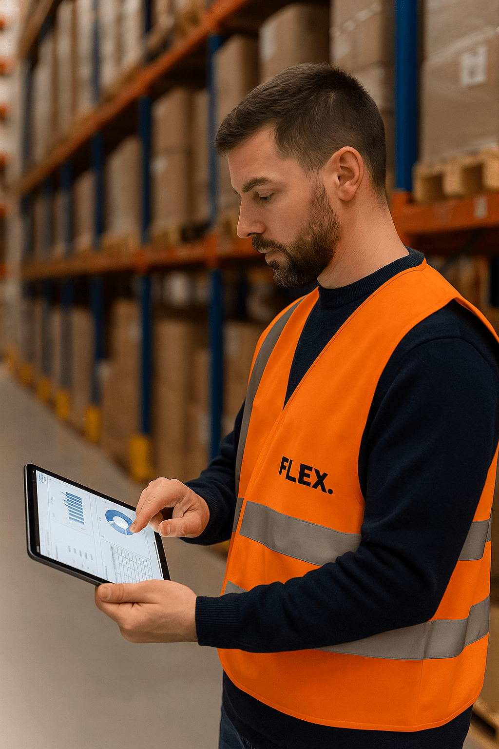 A warehouse worker wearing an orange FLEX. safety vest reviews digital forecasting charts on a tablet inside a modern European fulfillment center, illustrating data-driven demand planning and safety stock management.