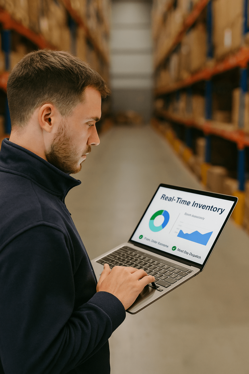 A warehouse employee reviewing real-time inventory analytics on a laptop inside a fulfillment center, illustrating how live data improves accuracy, speed and operational performance across European e-commerce.