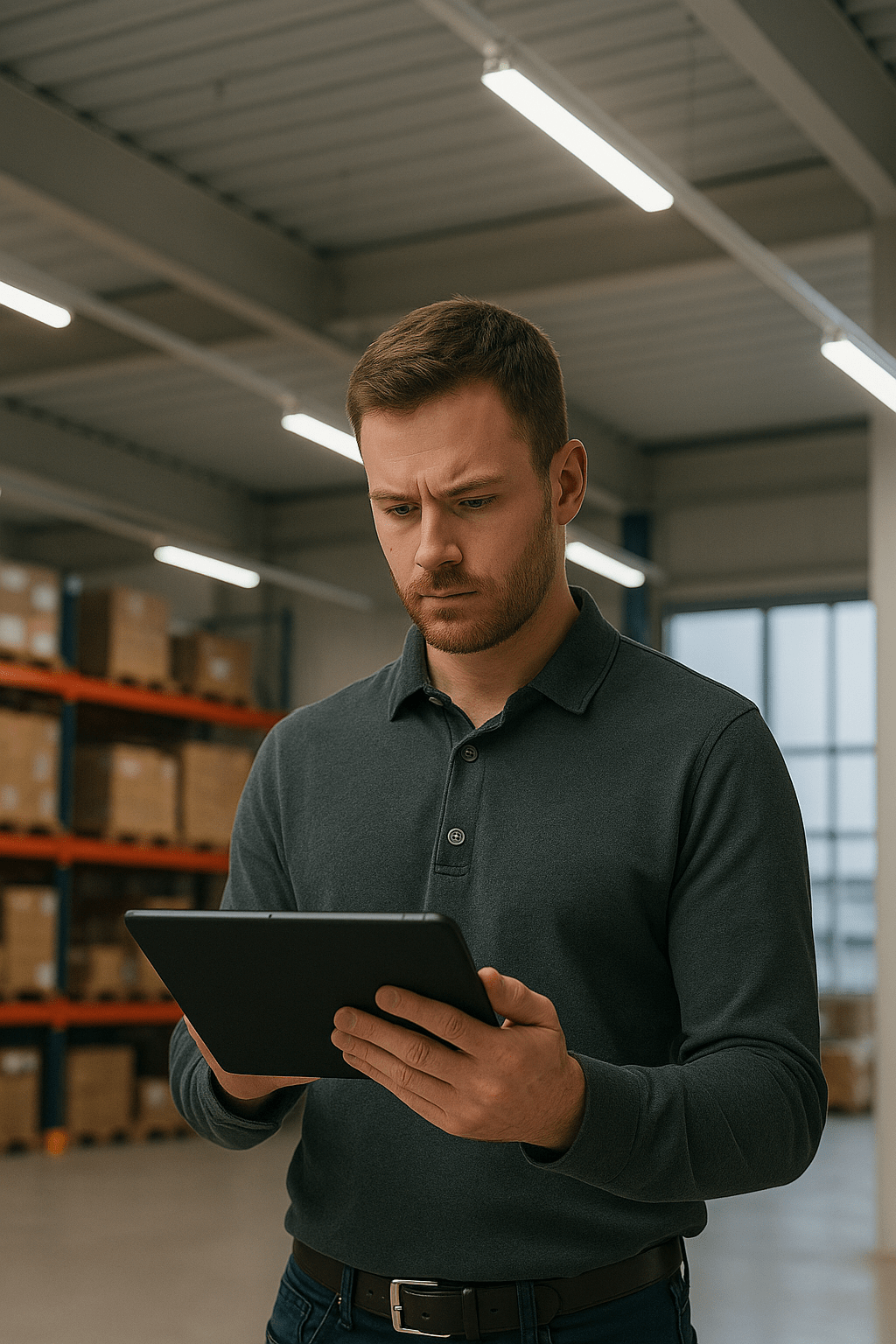 A warehouse operations manager reviewing performance data on a tablet while standing among organized storage racks, illustrating the need for scalable infrastructure in high-volume European dropshipping.