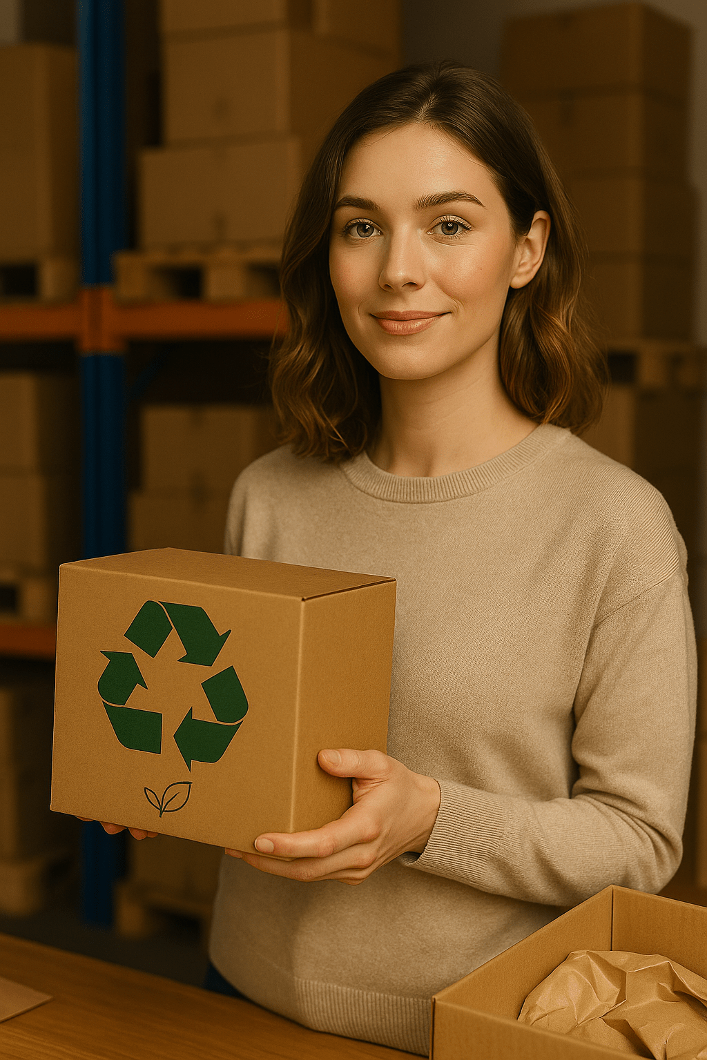 A young woman holding a recyclable cardboard box with a green recycling symbol, representing eco-friendly packaging in European logistics.