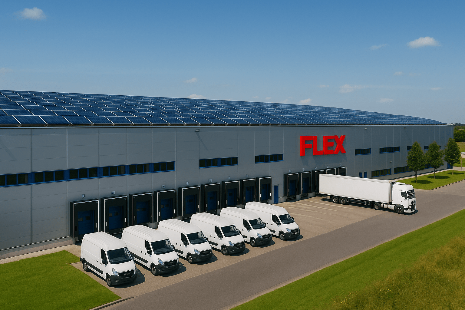 Sustainable FLEX. fulfillment warehouse in Europe with solar panels on the roof, white delivery vans and a truck parked outside under a clear blue sky.
