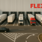 Front view of a modern European fulfillment warehouse with a large red FLEX. logo above five loading docks, where white delivery trucks are parked and ready for dispatch.