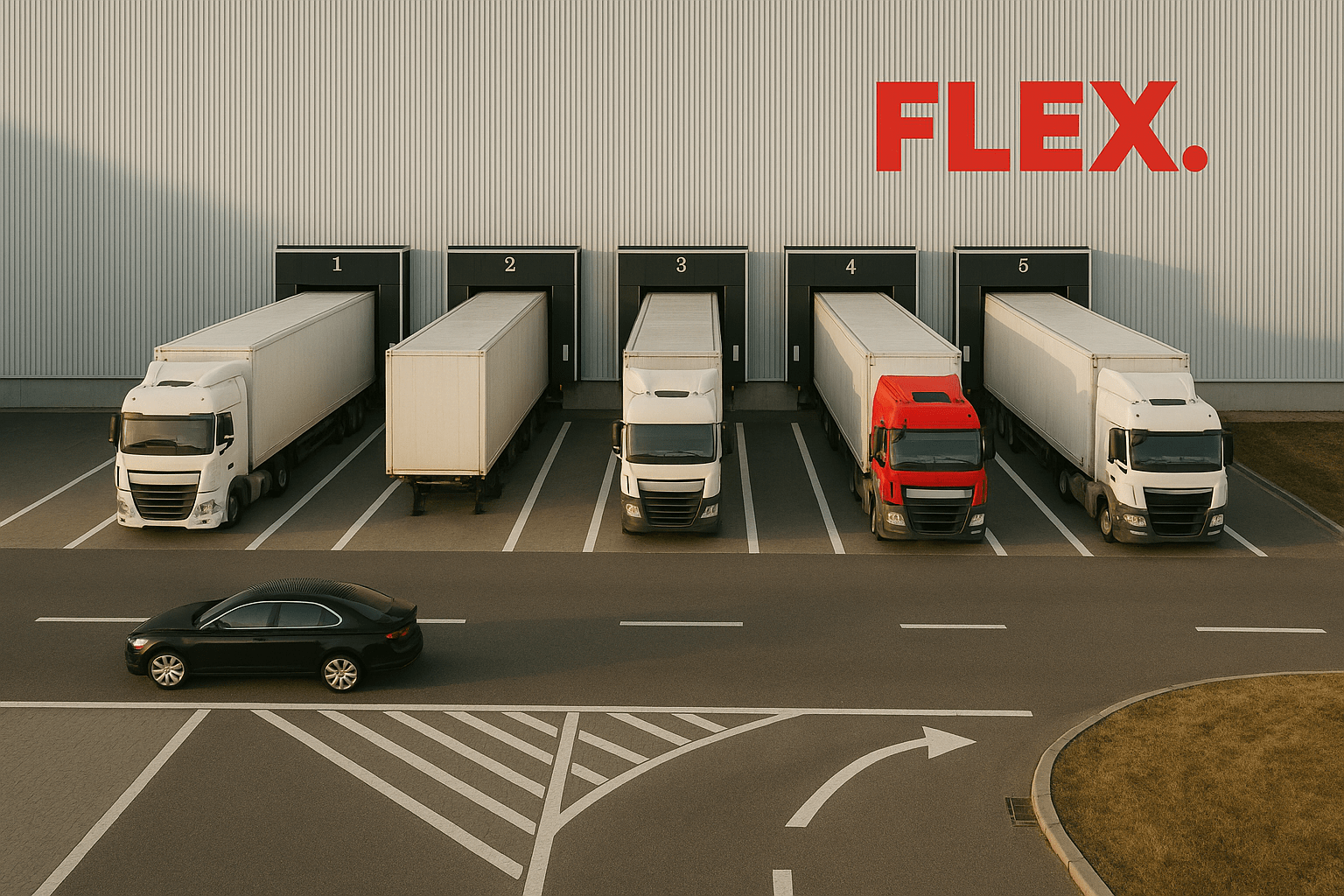 Front view of a modern European fulfillment warehouse with a large red FLEX. logo above five loading docks, where white delivery trucks are parked and ready for dispatch.
