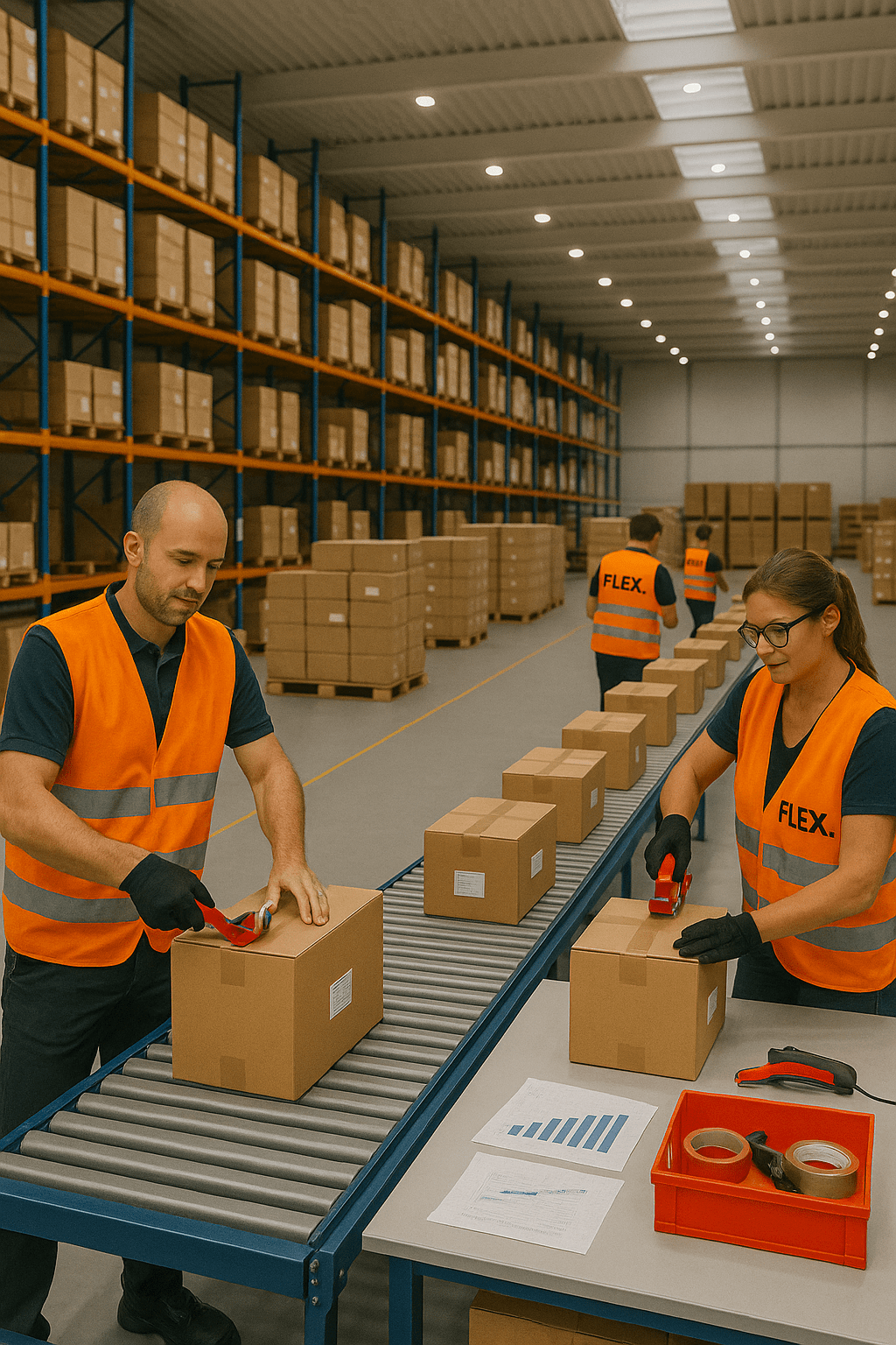 FLEX. Fulfillment workers in a European warehouse preparing packages for peak-season e-commerce shipments.