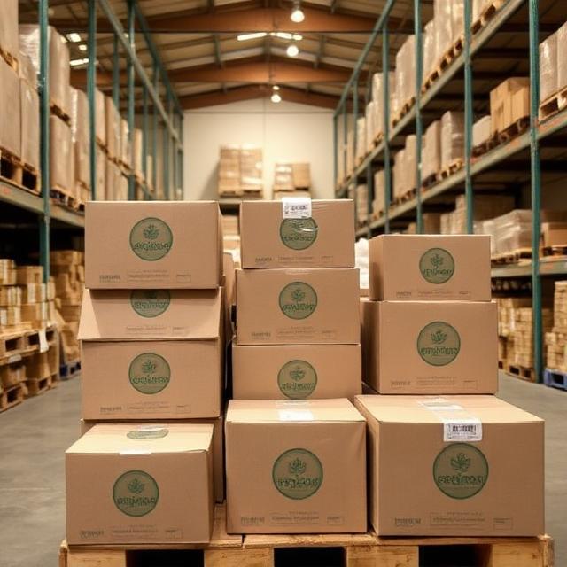 Eco-friendly e-commerce packaging for organic products, compostable boxes, minimal plastic, natural tones, realistic warehouse setting
