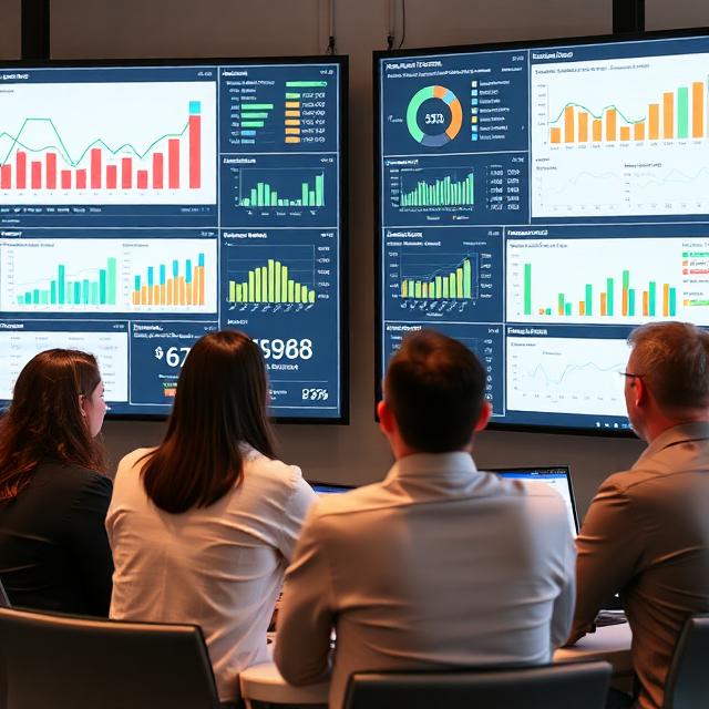 Business team analyzing ERP dashboards on large screens, showing sales graphs, inventory KPIs, and multi-channel performance analytics.