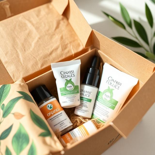 Close-up of biodegradable mailers and recyclable boxes with organic cosmetics inside, natural lighting, clean composition