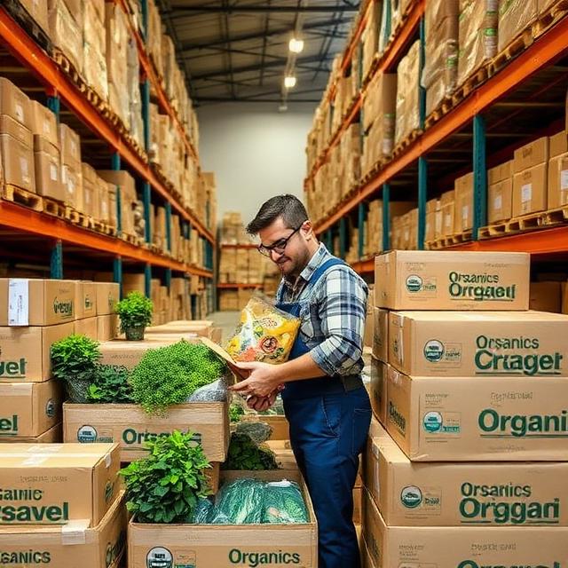 Warehouse worker packing organic food into eco-friendly boxes, sustainable fulfillment, realistic, professional style.