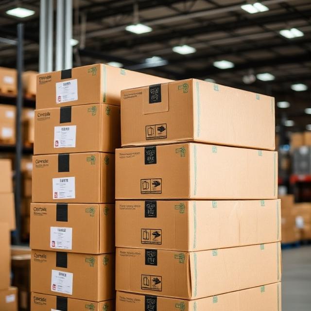 Stack of recycled cardboard boxes ready for shipping, labeled with green symbols, modern fulfillment center background