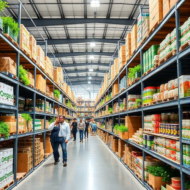 Modern warehouse for organic products, clean shelves, eco-conscious storage, workers handling inventory, bright and professional