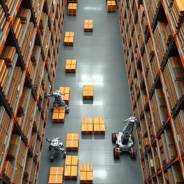 Top-down view of warehouse with automated inventory robots moving organic product pallets, futuristic but realistic