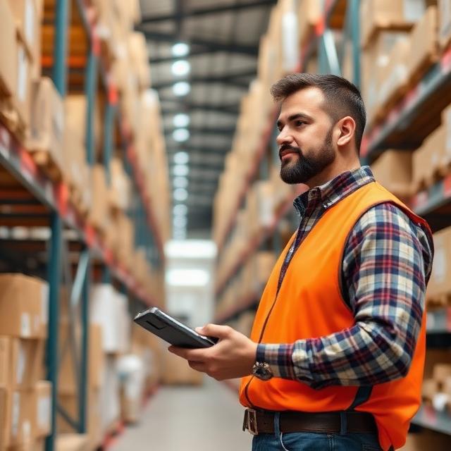 Worker scanning eco-friendly products in warehouse, using handheld device, efficient green fulfillment workflow, natural lighting