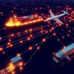 A cargo ship, freight train, truck, and aircraft connected by glowing digital lines symbolizing multi-modal optimization.