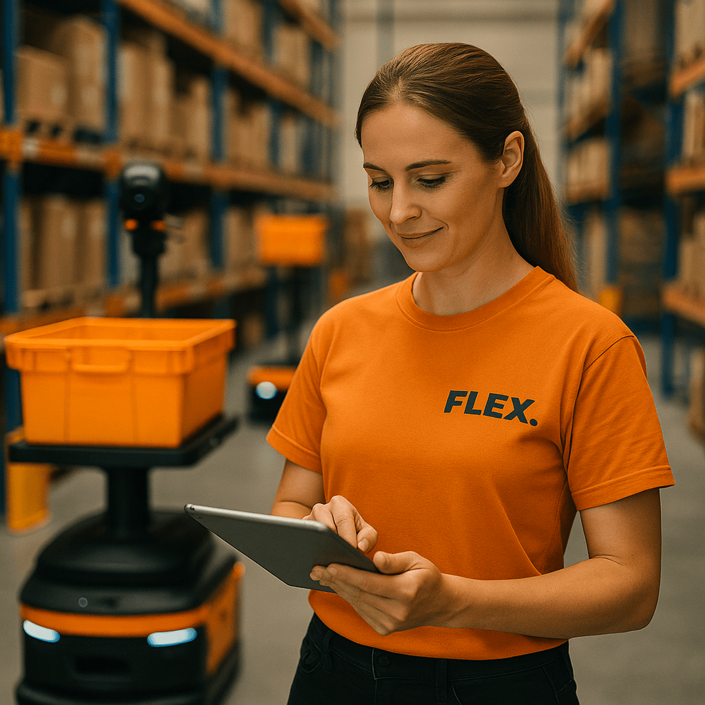 FLEX warehouse employee using a digital tablet among organized shelving, illustrating how strategic warehouse locations and modern fulfillment technology improve delivery speeds and cross-border efficiency.