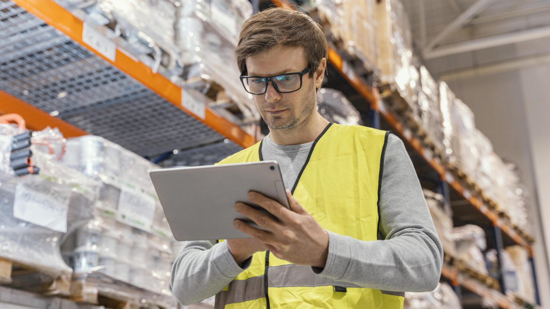 Warehouse manager reviewing logistics performance data on a tablet inside a fulfillment center.