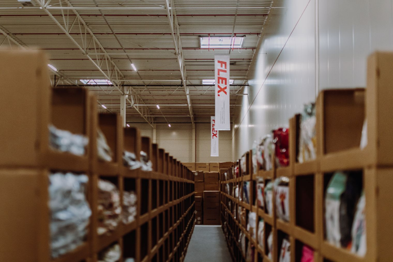 Rows of cardboard shelves filled with packaged products in a spacious, orderly warehouse. A red "FLEX" banner hangs from the ceiling, conveying organization.