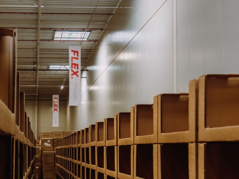 A warehouse interior with high shelves filled with boxes lining the aisle. "FLEX" banners hang from the ceiling. The atmosphere is organized and industrial.