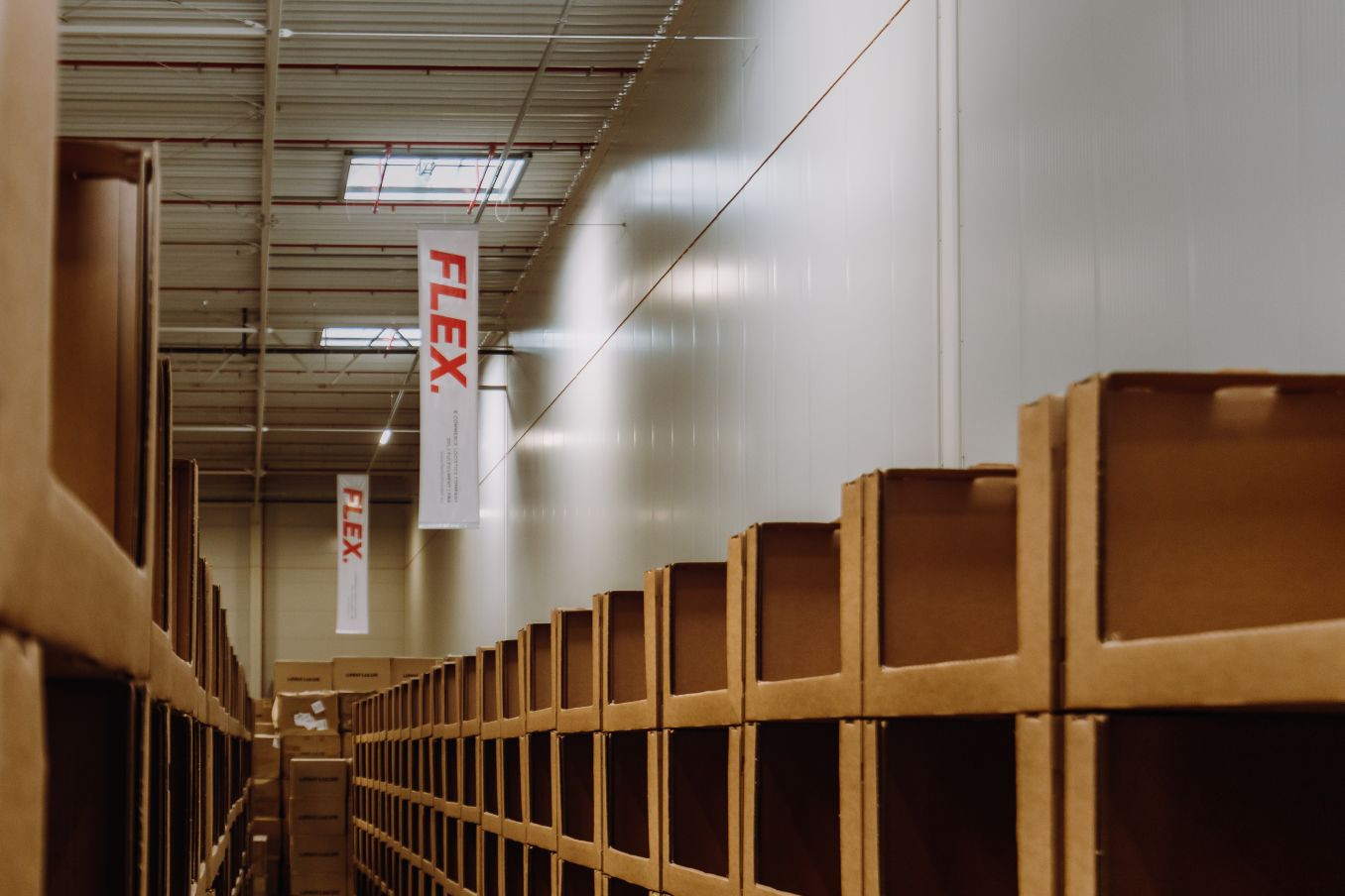 A warehouse interior with high shelves filled with boxes lining the aisle. "FLEX" banners hang from the ceiling. The atmosphere is organized and industrial.