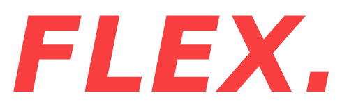 FLEX. logo in red letters