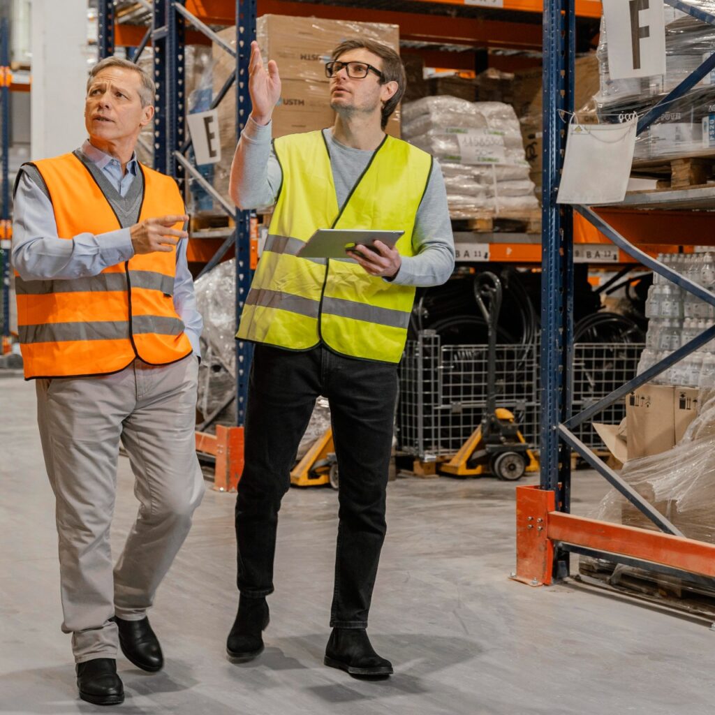 Warehouse workers coordinating inventory management and overseeing automated fulfillment systems