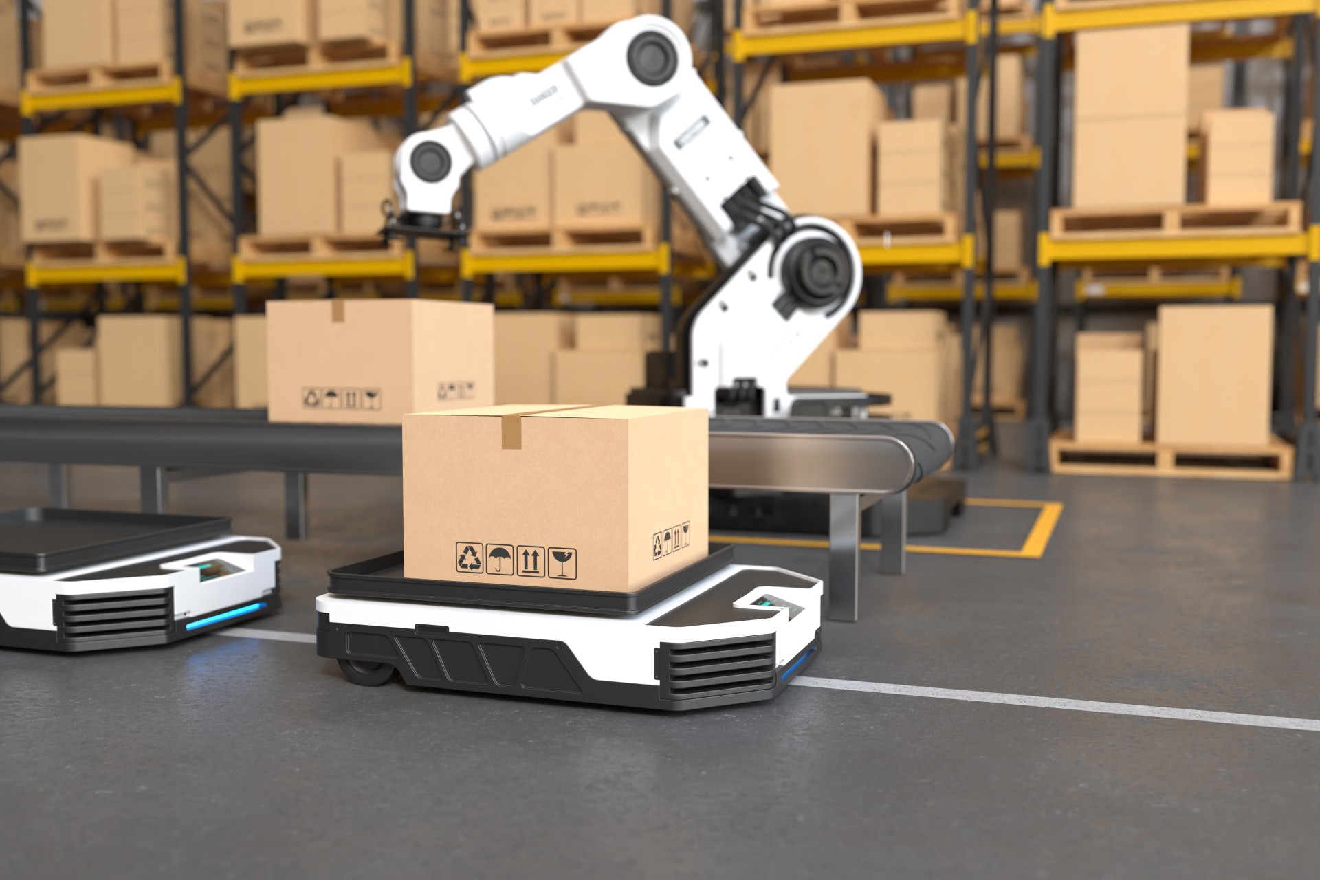 Autonomous robot picking products in a modern e-commerce warehouse