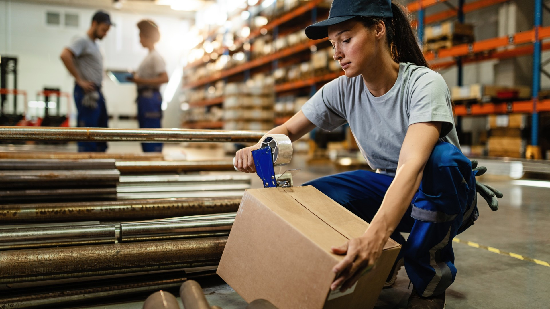 Warehouse worker packing e-commerce orders during peak season fulfillment