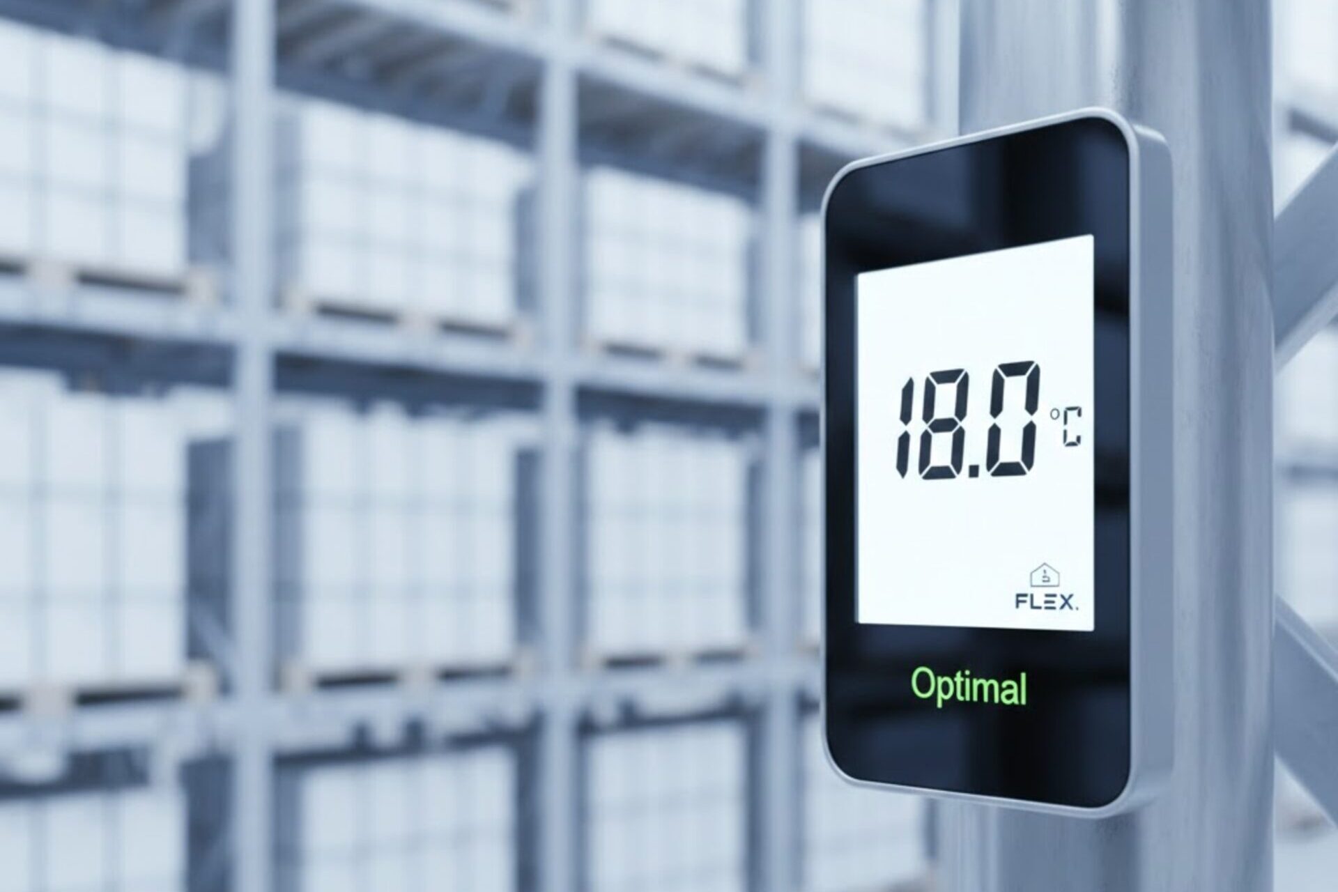 A digital thermometer showing a stable 18 degrees Celsius inside a FLEX. Fulfillment warehouse