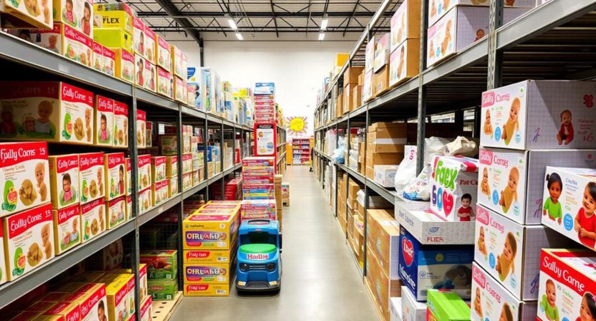 A high-angle shot of a clean, organized FLEX. fulfillment center aisle filled with neatly stacked toy boxes and baby gear ready for seasonal shipping.