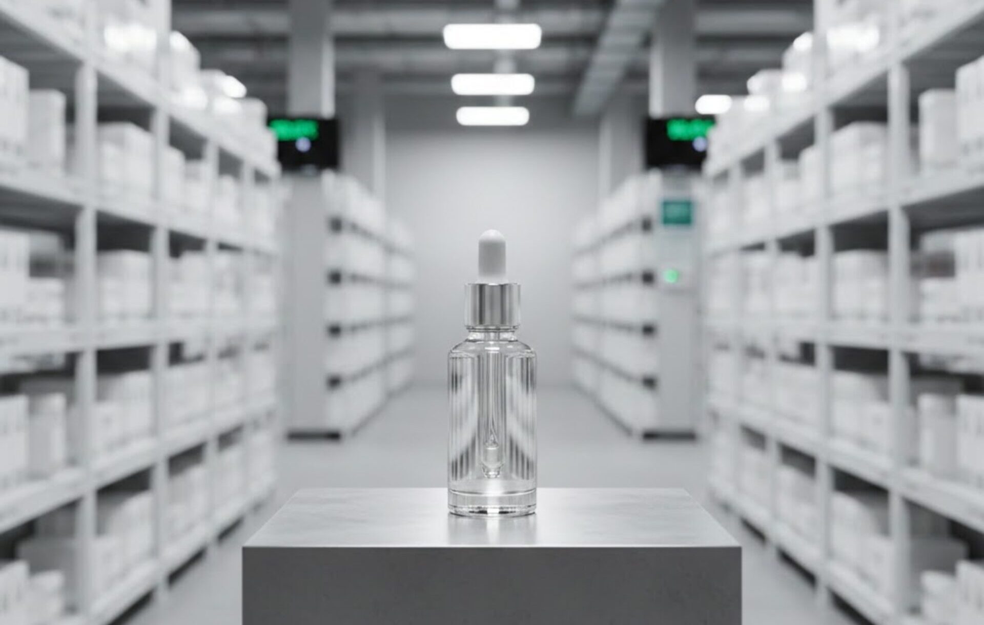 A luxury skincare bottle positioned in a clean, modern climate-controlled warehouse facility.