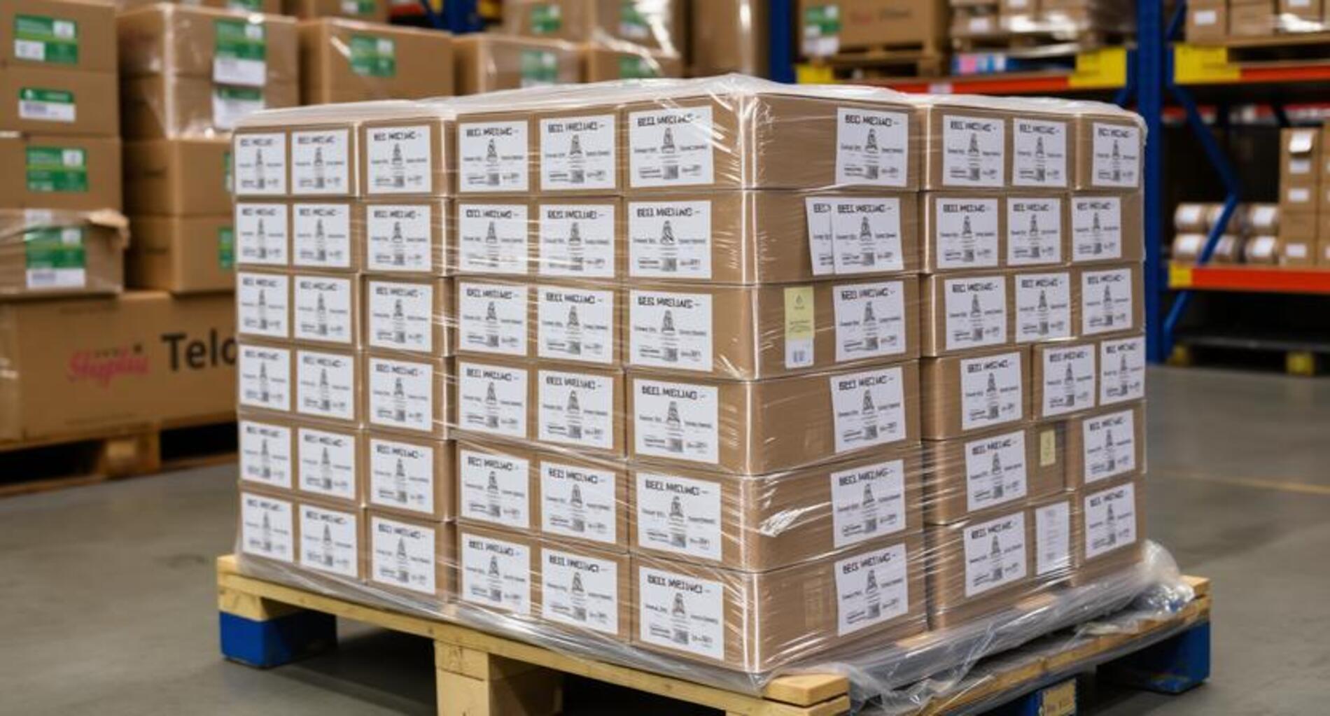 A pallet of beauty products with temperature-sensitive labels prepared for international shipping.