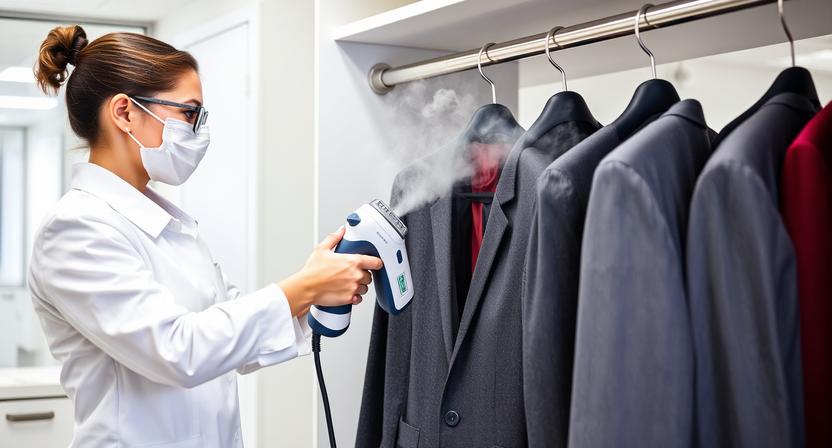 A returns processing station where apparel is inspected and steamed for refurbishment.