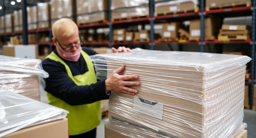 A warehouse packing station where a delicate ceramic item is being carefully wrapped in several layers of professional-grade bubble wrap by a specialist at FLEX.
