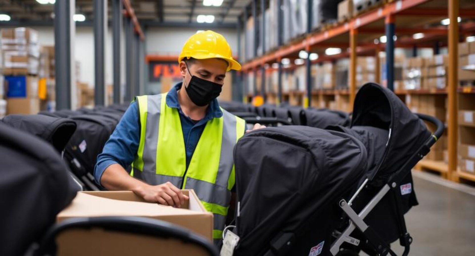 A warehouse worker at FLEX. carefully inspecting the safety labels and CE markings on a shipment of baby strollers to ensure regulatory compliance.
