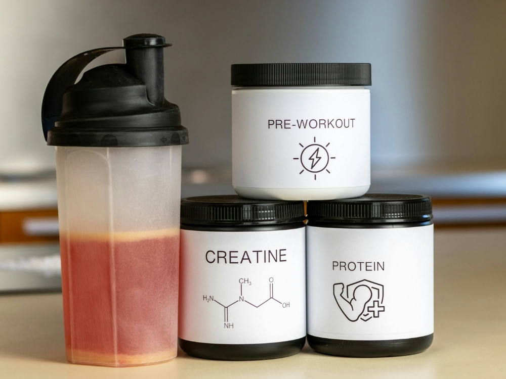 Sports nutrition products stored for European e-commerce distribution.