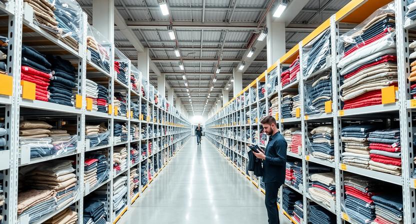 Organized apparel inventory storage showing SKU management and fabric protection in a professional warehouse.