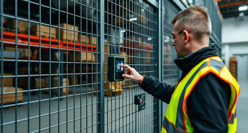 Restricted access zone for high-value electronics featuring biometric security at a FLEX. facility.