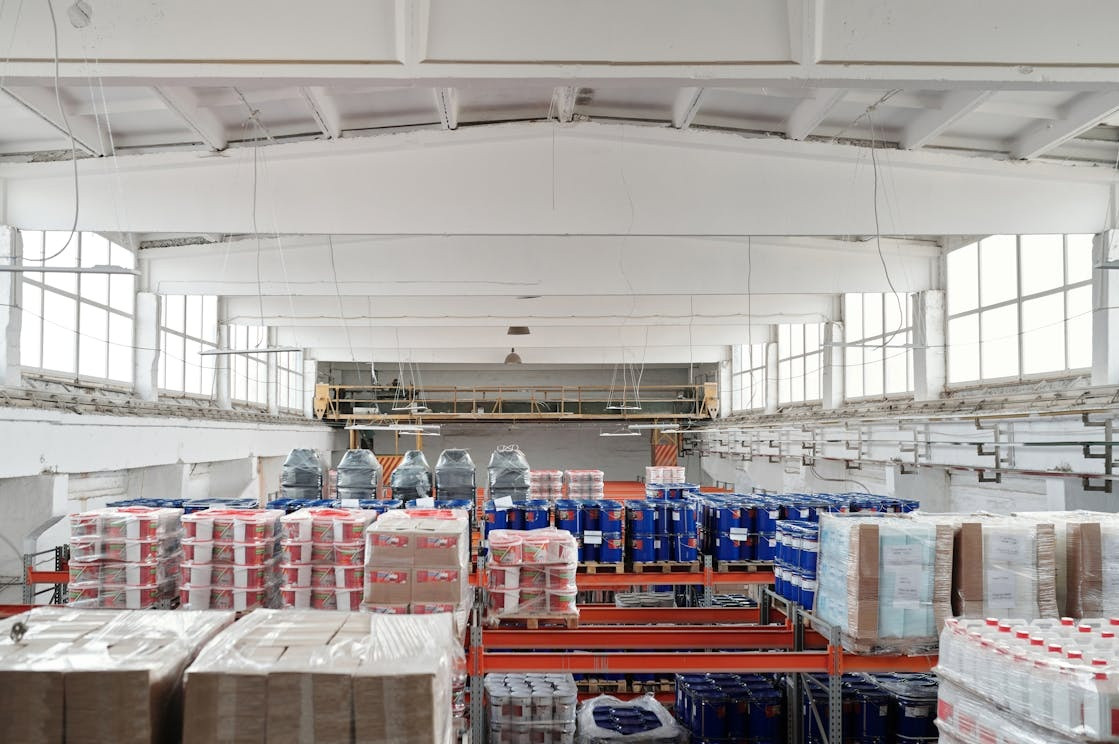 Inside of the neatly stacked warehouse