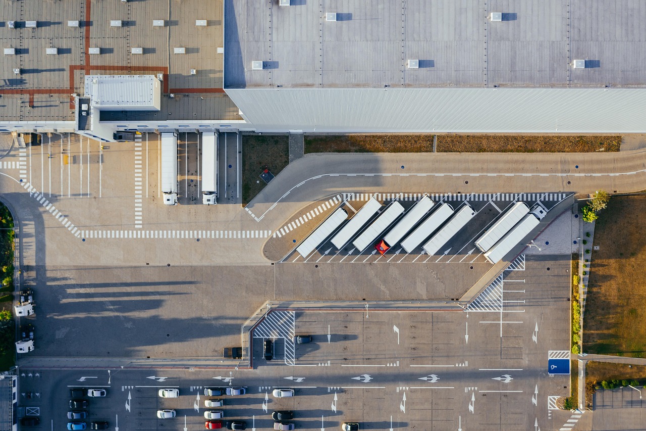 aerial view of the parking lot with logistics cars