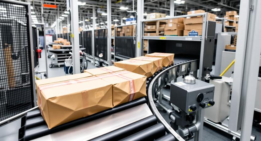Automated conveyor belt in a FLEX. facility showing parcels moving through a compliant logistics chain.