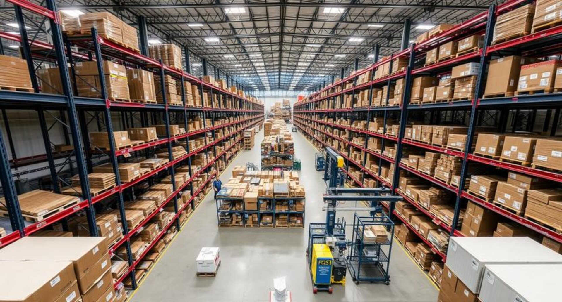 A bird's-eye view of a modern, high-capacity warehouse interior showing organized shelving units and automated packing stations at a FLEX. facility